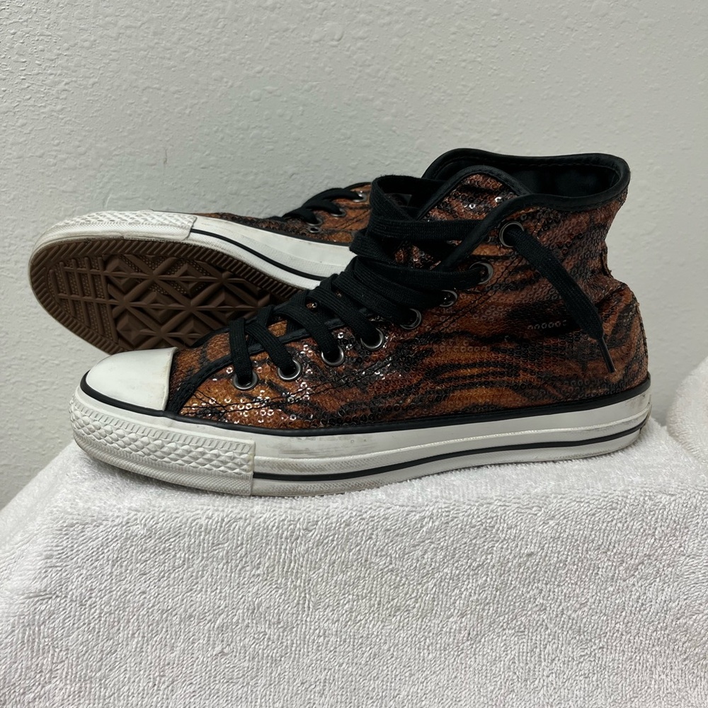 Converse All Star High-Top Sequin Tiger Print Sneakers - Black & Brown Men’s 7.5